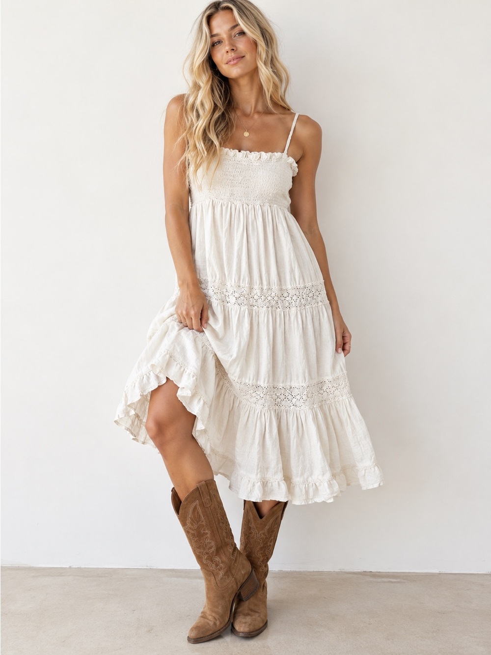 Denim & Supply Ralph Lauren Cream Smocked Lace-Tier Midi Dress fairy boho
